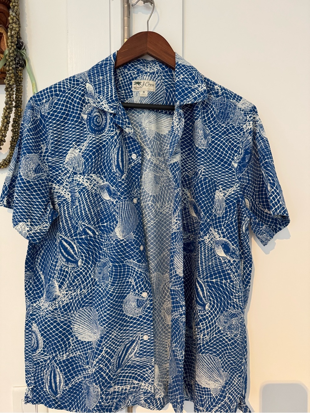 J. Crew Blue Short-Sleeve Button-Down with White Shell Print